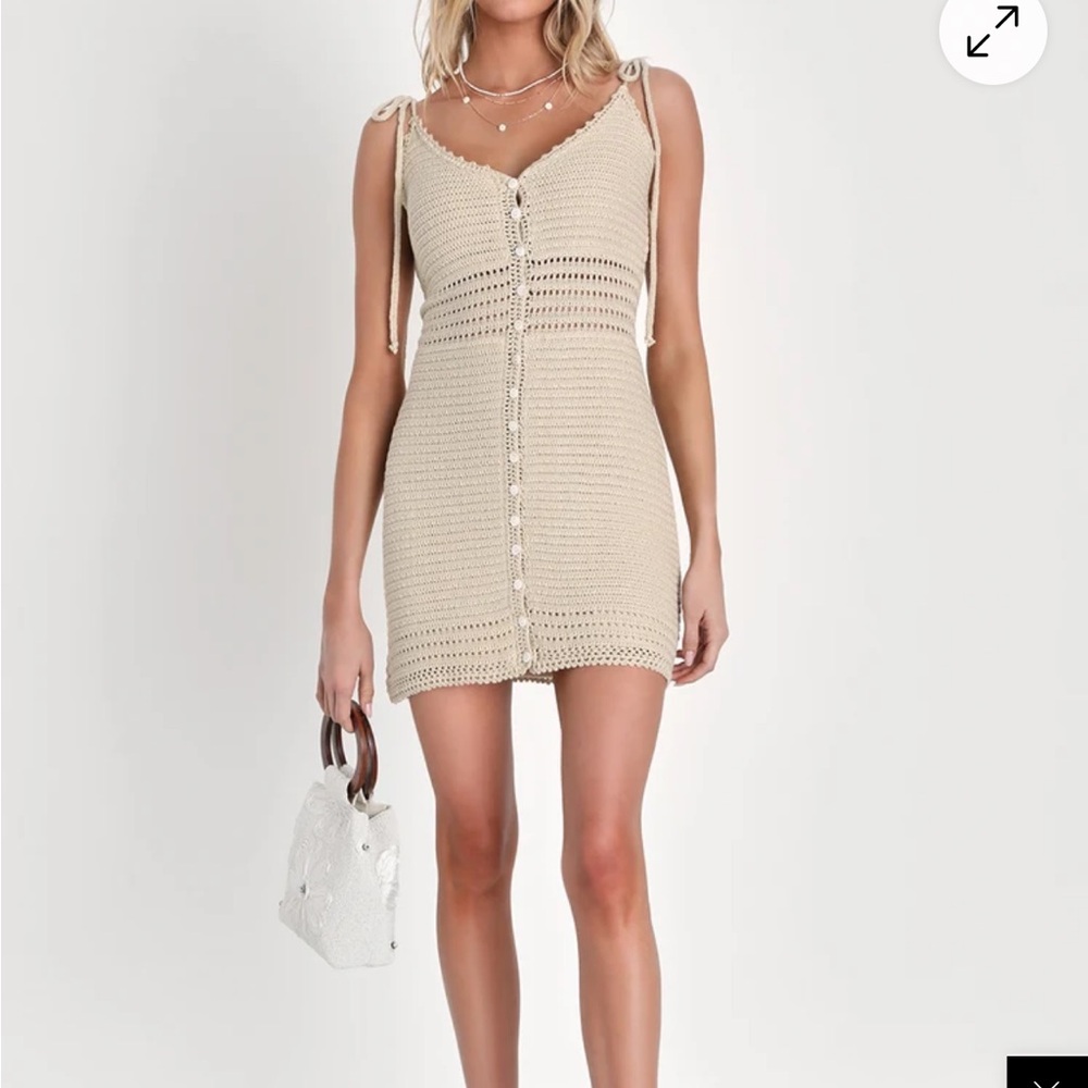 Lulus Think Sunny Beige Crochet dress